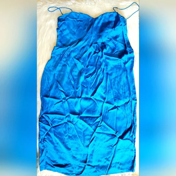 VINTAGE Rebecca Taylor Satin Silk Flowy Blue Dress Size 2 Gem Zip up back - Picture 2 of 12